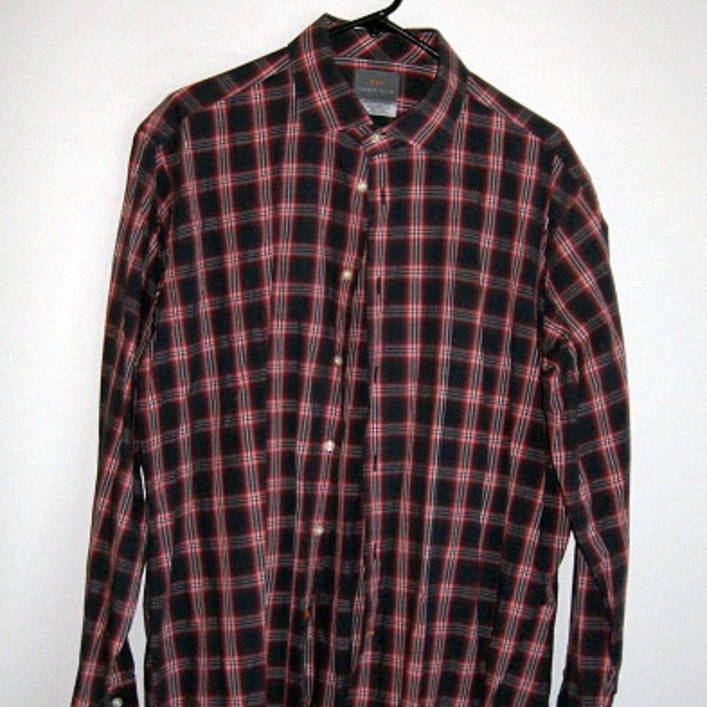 Men's L/S Thomas Dean Dress Shirt SZ XL Plaid 100% Cotton